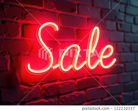 Glowing Neon SALE Sign in Supermarket Bright Red Light Illuminating Shopping Aisles at Night 122210337