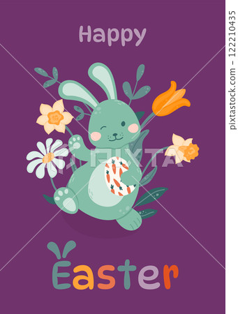 Happy Easter greeting card. Easter bunny waves and holds an Easter egg in his paws on a background of flowers. Happy Easter. Vector illustration in a flat style. Happy Easter greeting card. Easter bunny waves and holds an Easter egg in his paws on a background of flowers. Happy Easter. Vector illustration in a flat style. 122210435