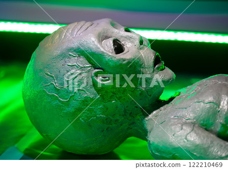 February 23, 2024. Belarus. Minsk. Educational open event about alien worlds.The alien's face is highlighted in the green color of the laboratory. The alien is a humanoid. 122210469