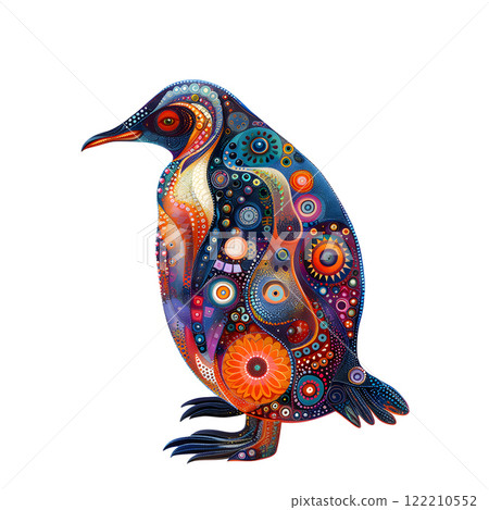 Colorful penguin illustration with intricate patterns and designs 122210552