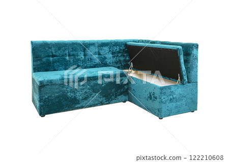 Turquoise unfolded sofa made of velor fabric isolated on a white background. Cushioned furniture. 122210608