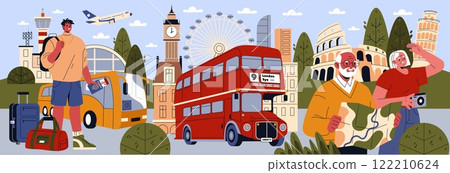 Eurotour concept. This illustration captures the essence of travel across Europe, featuring iconic landmarks, modes of transport, and diverse travelers. The vibrant scene shows an airport, a double 122210624