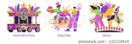 Mardi Gras celebration scene featuring a decorative float, a famous king cake, and lively dancers. The concept embodies the vibrant culture and traditions of New Orleans festivities with colorful 122210634