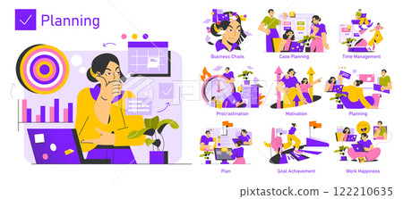 Planning concept. This illustration embodies various aspects of planning, including time management, goal achievement, and motivation. It highlights overcoming procrastination and fostering work 122210635