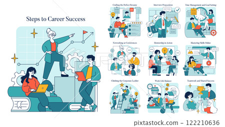 Steps to Career Success concept. This illustration provides essential strategies for achieving career success. It includes crafting resumes, networking, interview preparation, and mastering new skills 122210636