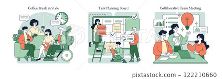 Comfortable Working set. Modern work environments fostering productivity and collaboration among teams. Engaging interactions during coffee breaks, efficient task planning, and dynamic team meetings 122210660