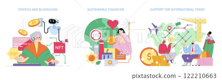 Fintech applications and blockchain technology for modern banking. Emphasis on sustainable financing initiatives and support for international trade. Vector illustration. Fintech applications and blockchain technology for modern banking. Emphasis on sustainable financing initiatives and support for international trade. Vector illustration. 122210663