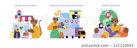 Business growth phases illustrated through digital selling strategies. Showcases online sales launch, delivery optimization, and market expansion. Three key steps for boosting business success and 122210665