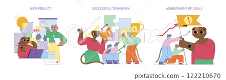 Business success through collaborative projects. The series highlights stages from project initiation to teamwork achievements and reaching goals. Each step illustrates the importance of collaboration 122210670
