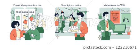 Comfortable Working Context. A collaborative workspace fosters productivity and engagement among team members. Projects are managed effectively, celebrations build camaraderie, and motivational 122210671