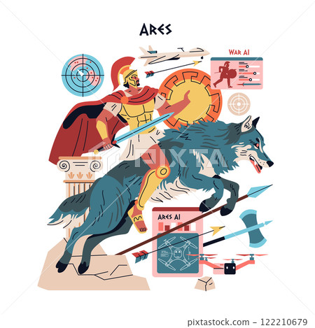 Olympic Gods Synergy AI concept. Ares, the deity of war, astride a ferocious wolf, merging ancient myth with modern warfare technology. Vector illustration. 122210679