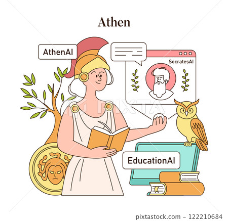 Olympic Gods AI Education concept. Athena integrates technology with wisdom, featuring an owl and ancient Greek motifs. Vector illustration. 122210684