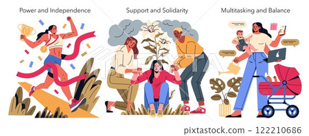 International Women Day representation highlighting strength, community, and balance. The illustration shows powerful women celebrating achievements, supporting each other, and managing multitasking 122210686