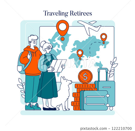 Happy Retirement Life concept. Senior couple planning adventure travel with dog, savings, and luggage. Freedom, leisure, and global tourism for elderly. Vector illustration. Happy Retirement Life concept. Senior couple planning adventure travel with dog, savings, and luggage. Freedom, leisure, and global tourism for elderly. Vector illustration. 122210700