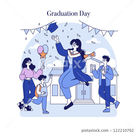 Graduation Day concept. A joyful celebration with friends and family, capturing the excitement of earning a degree. Academic success and a bright future ahead. Vector illustration. 122210702