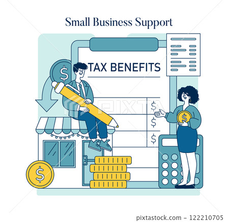 Tax Relief concept. Illustration of financial aid for entrepreneurs through tax benefits, enhancing small business stability. Vector illustration. Tax Relief concept. Illustration of financial aid for entrepreneurs through tax benefits, enhancing small business stability. Vector illustration. 122210705
