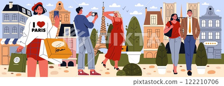 Eurotour illustration. A group of travelers enjoy cultural experiences in Paris, showcasing shopping, photography, and exploring the iconic Eiffel Tower. The atmosphere is lively and engaged Eurotour illustration. A group of travelers enjoy cultural experiences in Paris, showcasing shopping, photography, and exploring the iconic Eiffel Tower. The atmosphere is lively and engaged 122210706