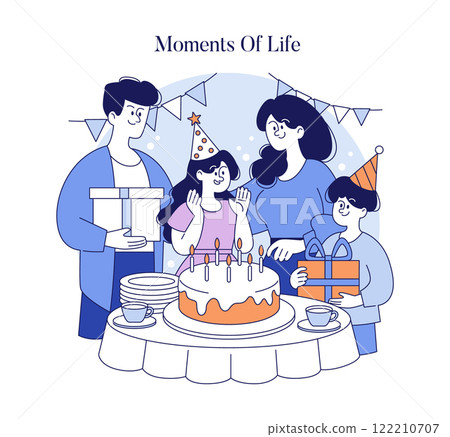Family celebration concept. A joyful birthday party scene with presents, cake, and close-knit family sharing happiness. Vector illustration. Family celebration concept. A joyful birthday party scene with presents, cake, and close-knit family sharing happiness. Vector illustration. 122210707
