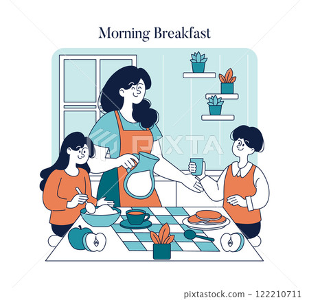 Working Mom Day concept. A mother serves breakfast to her children, depicting daily family routine and care. Vector illustration. 122210711