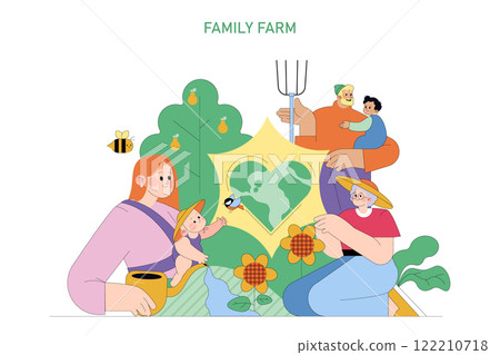 National Agriculture Day concept. Family engaging in sustainable farming, showcasing love for nature and unity. Nurturing plants, preserving environment. Vector illustration. 122210718