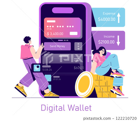 Digital Wallet concept. Illustration of users managing finances with a mobile payment app. Personal budgeting and cashless transactions. Vector illustration. Digital Wallet concept. Illustration of users managing finances with a mobile payment app. Personal budgeting and cashless transactions. Vector illustration. 122210720