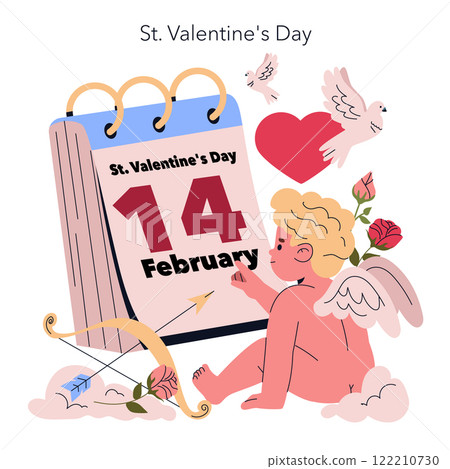 A vibrant illustration of Cupid and a Valentines Day calendar, celebrating love and affection in all forms 122210730