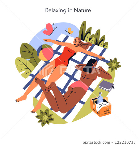 Burnout Breaks concept. Illustration of two people unwinding outdoors, lying on a hammock, symbolizing a break from stress for mental health. Vector illustration. 122210735