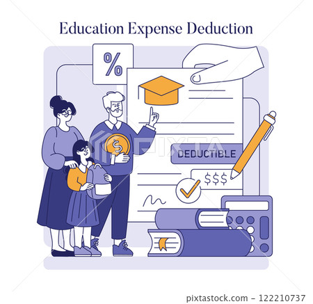 Education Expense Deduction concept. A family learning about tax benefits for school costs with forms and calculator. Financial planning for education. Vector illustration. 122210737