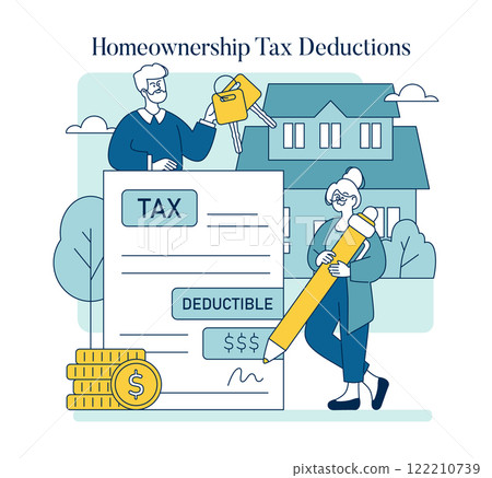 Tax Relief concept. Illustration showing taxpayers discovering deductions for homeowners, with a backdrop of a house and tax form. Guidance on financial savings. Vector illustration. 122210739