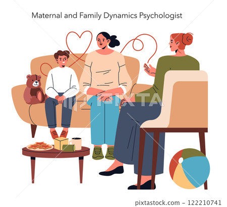 Family therapy session with a psychologist supporting mother and child. Emotional well-being in focus. Vector illustration. 122210741