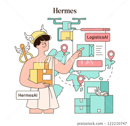 Olympic Gods Synergy AI concept. Hermes integrates advanced logistics AI, optimizing delivery with modern technology. Vector illustration. Olympic Gods Synergy AI concept. Hermes integrates advanced logistics AI, optimizing delivery with modern technology. Vector illustration. 122210747