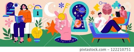 Logotherapy concept. Focuses on finding meaning in life challenges and experiences. Illustrates individuals engaging with ideas of self-discovery, unlocking potential, and mental health. Vector Logotherapy concept. Focuses on finding meaning in life challenges and experiences. Illustrates individuals engaging with ideas of self-discovery, unlocking potential, and mental health. Vector 122210751