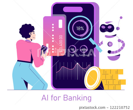 AI for Banking concept. A person interacts with an advanced AI banking application analyzing financial data. Modern finance management, intelligent technology. Vector illustration. 122210752