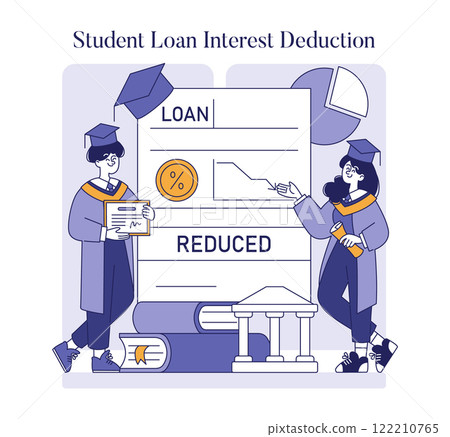 Student Loan Interest Deduction concept. Graduates examine financial benefits of reduced loan interest, symbolizing financial relief. Education, savings, and fiscal responsibility. Vector illustration 122210765