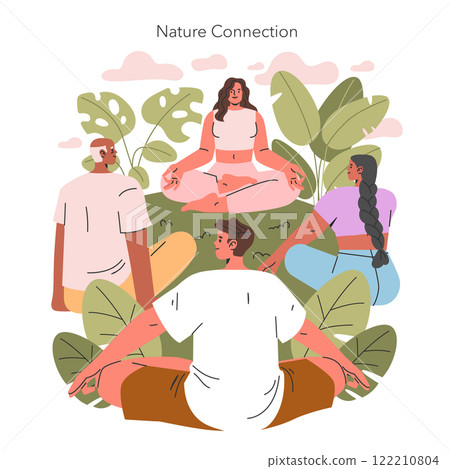 Spiritual Practices concept. Group meditation and connection with nature. People practicing mindfulness amidst lush foliage. Vector illustration. 122210804