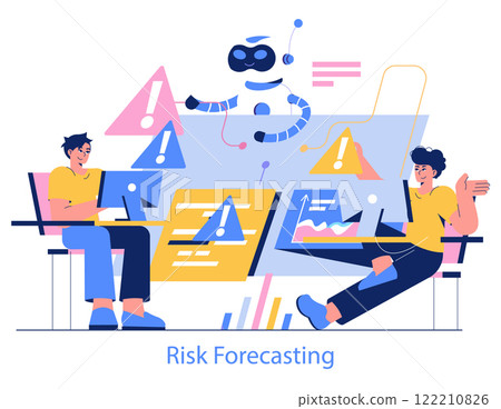 Risk Forecasting concept. Team analyzes potential threats with AI assistance. Data-driven decision making, proactive planning in business. Vector illustration. 122210826