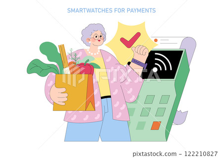Senior woman using smartwatch for contactless payment at grocery checkout. Modern payment convenience. Vector illustration. 122210827