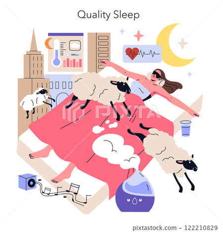 Quality Sleep concept. Woman enjoying restful sleep visualized with counting sheep, amid wellness icons. Tranquil nighttime slumber illustration. Vector illustration. Quality Sleep concept. Woman enjoying restful sleep visualized with counting sheep, amid wellness icons. Tranquil nighttime slumber illustration. Vector illustration. 122210829