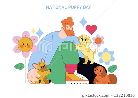 A joyful illustration of a man happily surrounded by cute puppies on National Puppy Day, full of love and cheer A joyful illustration of a man happily surrounded by cute puppies on National Puppy Day, full of love and cheer 122210836