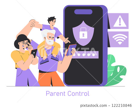 Safety Internet Day concept. Illustration of a family engaging with parental controls on devices for secure online activity. Promoting cybersecurity awareness. Vector illustration. 122210846