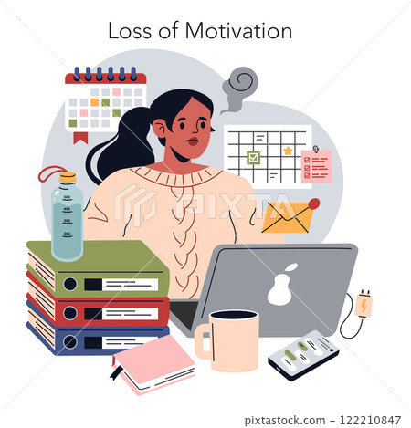 Burnout Signs concept. Overwhelmed woman amid work chaos signals job exhaustion. Workload stress, lack of drive, productivity decline. Vector illustration. 122210847