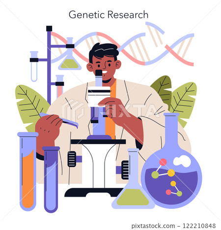 Biohacking concept. Researcher using a microscope for genetic experiments surrounded by laboratory equipment. Science and innovation. Vector illustration. 122210848