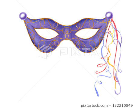 Carnival party purple mask with swirl colored ribbons watercolor illustration isolated background. Purim, Fat Tuesday and Mardi Gras masquerade festival element for greeting cards, poster. Carnival party purple mask with swirl colored ribbons watercolor illustration isolated background. Purim, Fat Tuesday and Mardi Gras masquerade festival element for greeting cards, poster. 122210849