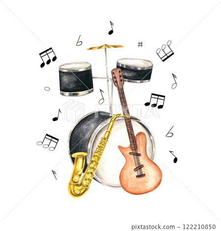 Watercolor drum kit, electric guitar, saxophone with flying musical notes illustration composition. Musical instrument in realistic style. Orchestra elements for jazz, rock festival poster 122210850