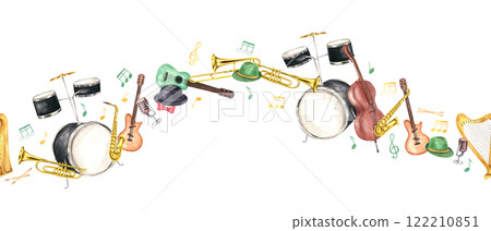 Watercolor musical classical instruments, colored hats, retro music microphone and flying musical notes seamless banner isolated background. Orchestra equipment pattern for jazz, rock festival decor 122210851