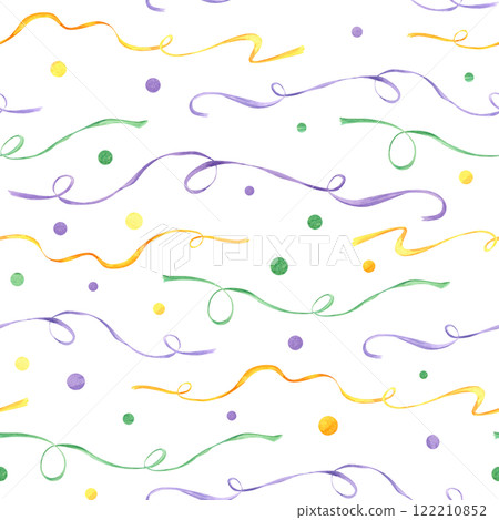 Watercolor swirl elegance yellow, green, purple ribbons, beads seamless pattern isolated background. Mardi gras carnival illustration for decorating gifts, birthday package design 122210852