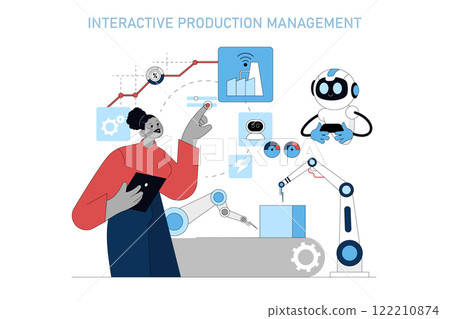 Production Automation concept. Manager controls a robotic manufacturing line with sensors and AI. Integration of technology and human oversight. Vector illustration. 122210874