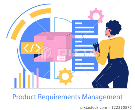 Product Requirements Management concept. A professional organizes digital project specifications. Workflow efficiency, coding elements, and data analytics. Vector illustration. Product Requirements Management concept. A professional organizes digital project specifications. Workflow efficiency, coding elements, and data analytics. Vector illustration. 122210875