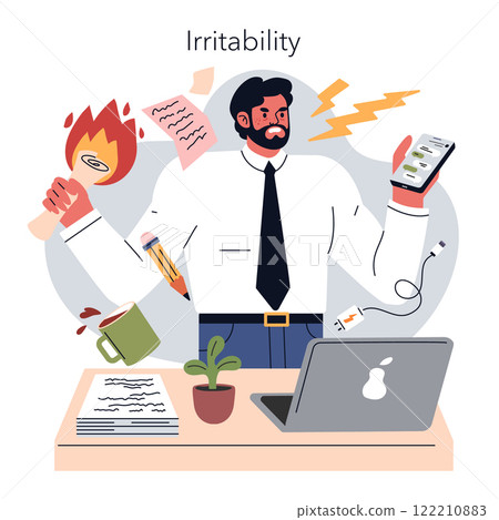 Burnout concept. A man overwhelmed by work tasks exhibits stress and irritability at his cluttered desk. Professional fatigue representation. Vector illustration. 122210883