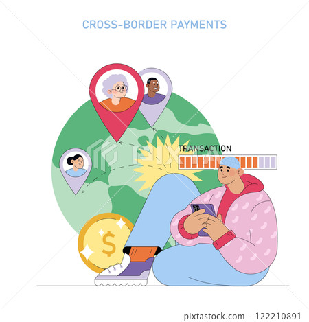 Financial technologies concept. Seamless cross-border payments illustrated with global transactions and diverse profiles. Mobile payment process. Vector illustration. Financial technologies concept. Seamless cross-border payments illustrated with global transactions and diverse profiles. Mobile payment process. Vector illustration. 122210891